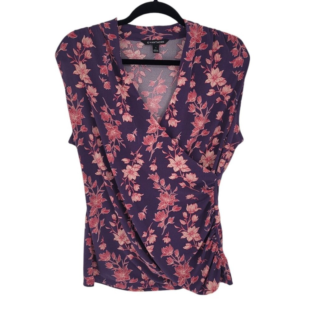 41 Hawthorn womens large purple pink floral sleeveless faux wrap stretchy top